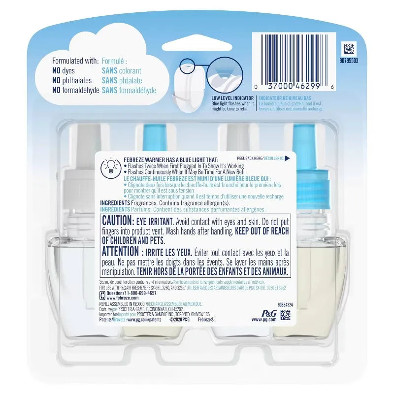 Febreze Odor-Fighting Fade Defy Plug Air Freshener Refill - Linen & Sky - 1.75 fl oz/2pk: Electric, Oil, Dye-Free, Phthalate-Free