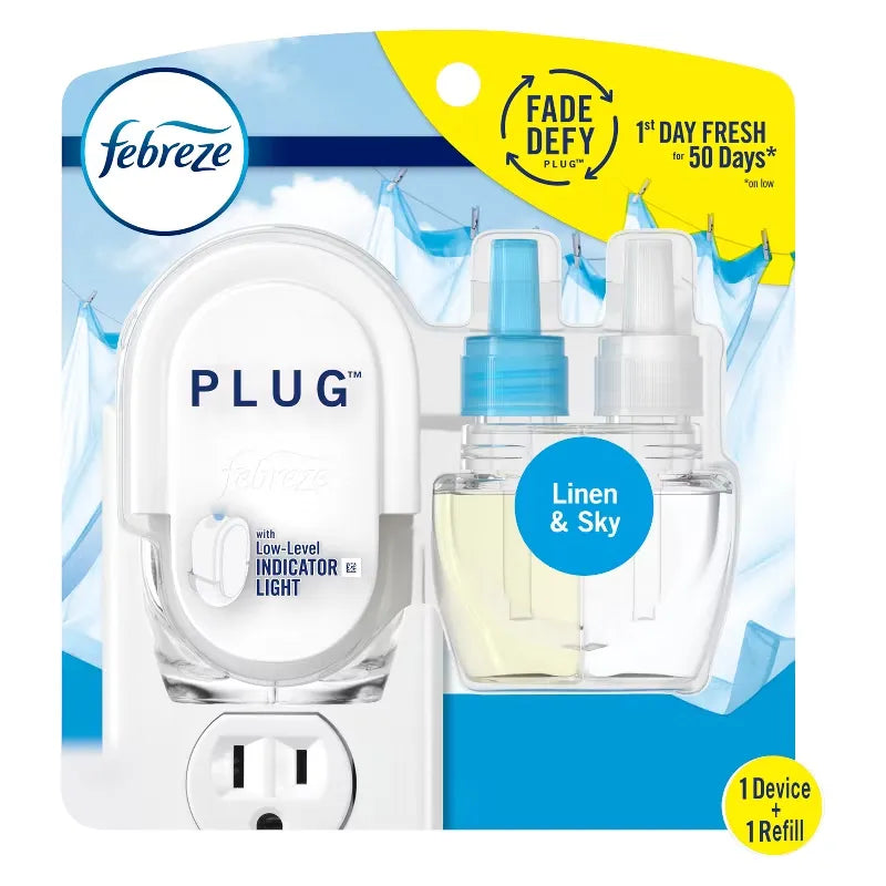 Febreze Fade Defy Plug Air Freshener & Odor Fighter Starter Kit - Linen & Sky - 0.87 fl oz: Electric, Disposable, 2-Pack