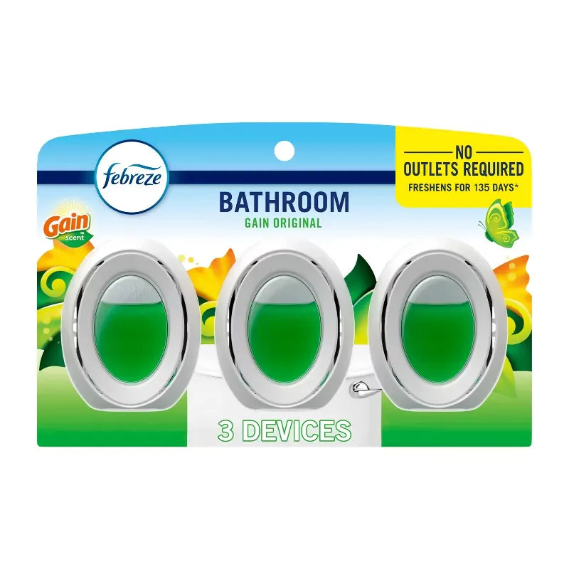 Febreze Gain Original Bathroom Air Freshener - 3ct: Oil, Dye-Free, Phthalate-Free, 0.75 oz